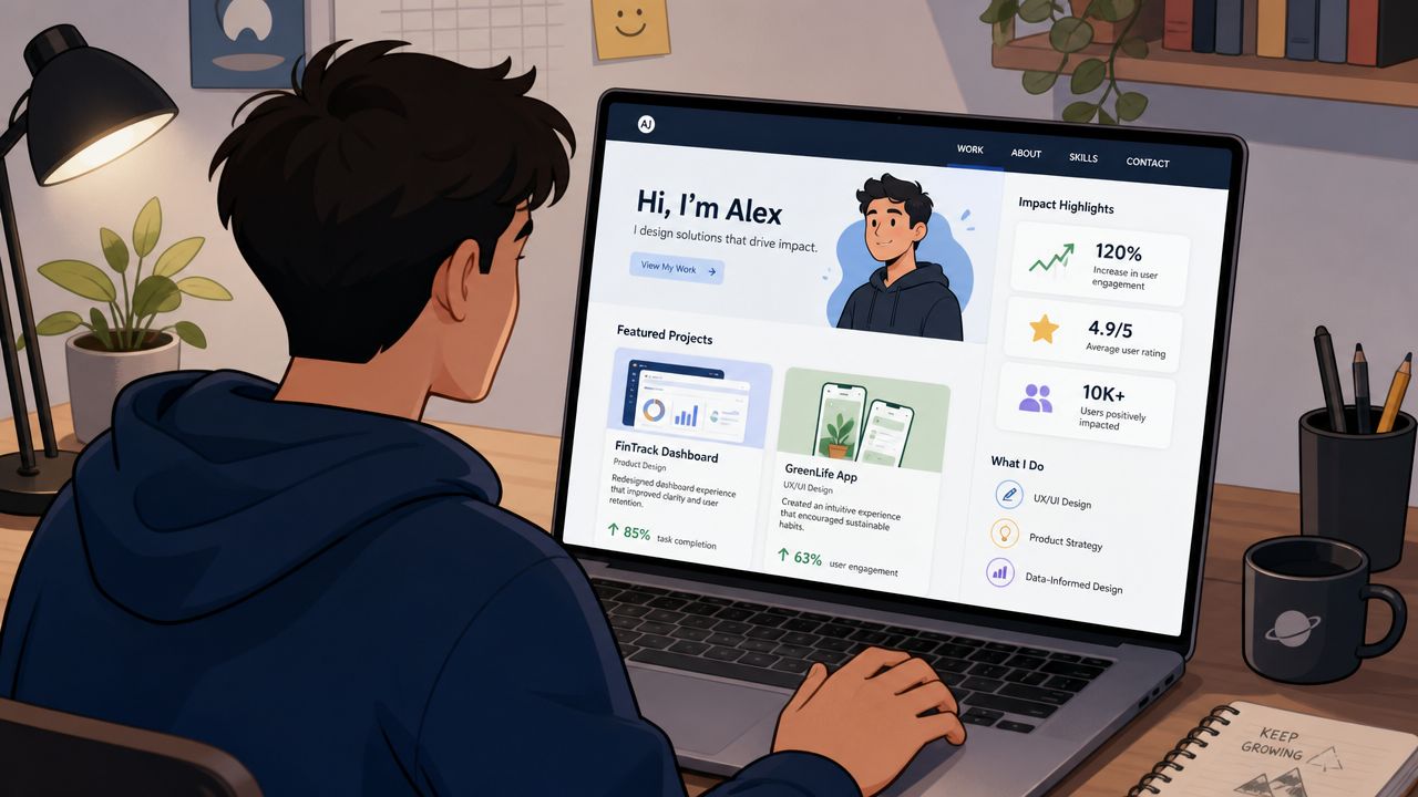 A digital artist or UI/UX designer working on their professional portfolio website on a modern laptop.