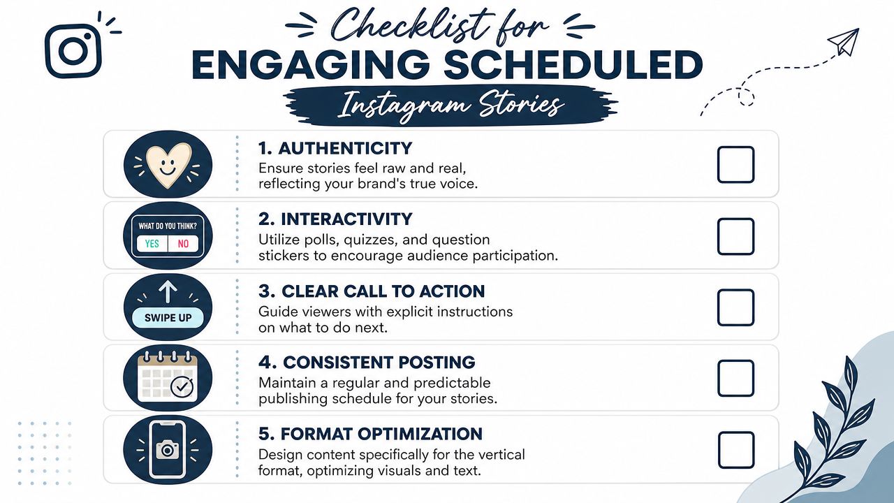 A checklist for creating engaging scheduled Instagram stories featuring five tips for social media content strategy success.