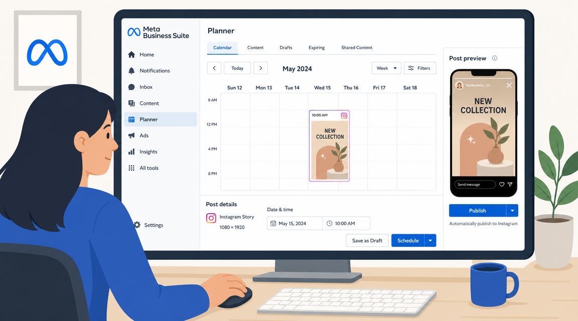 A woman using Meta Business Suite on a computer to schedule an Instagram story for May 2024.