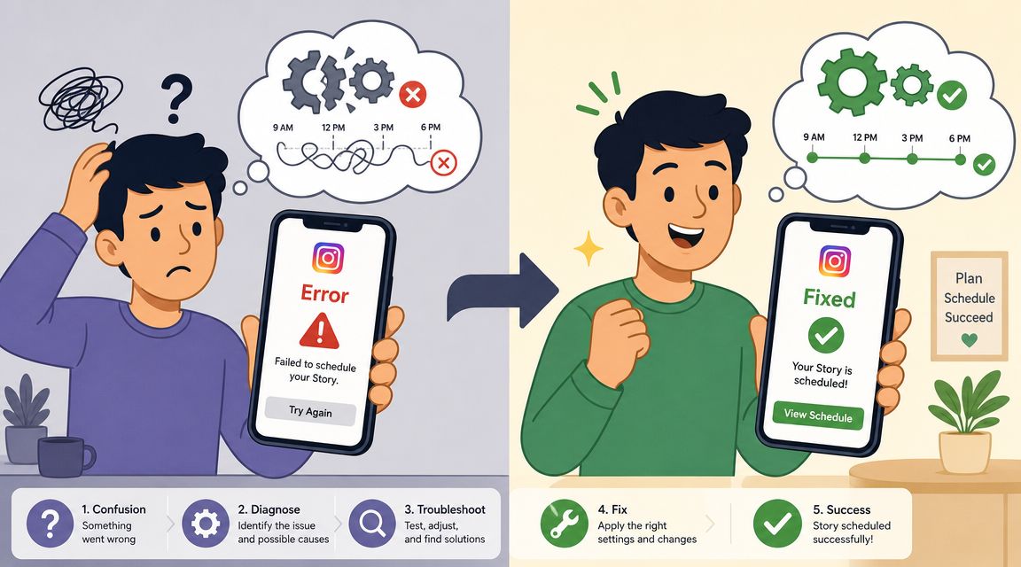 A split illustration comparing a frustrated user failing to schedule Instagram stories with a successful, happy user.