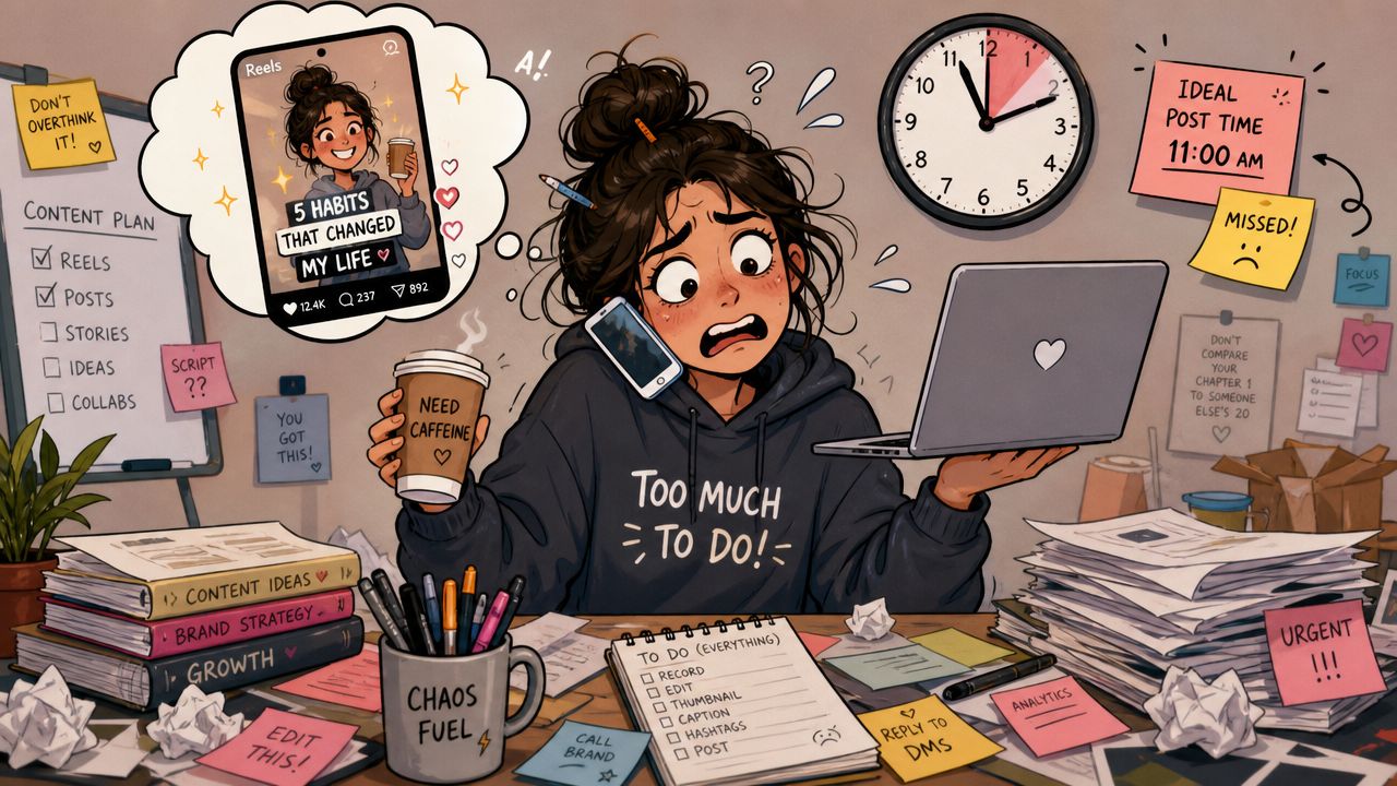 A stressed content creator multitasking with coffee, a laptop, and a chaotic to-do list at her desk.
