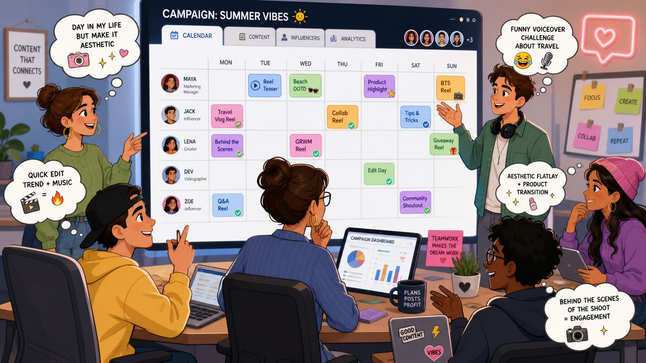 A diverse creative team collaborating on a digital marketing campaign calendar for social media content planning.