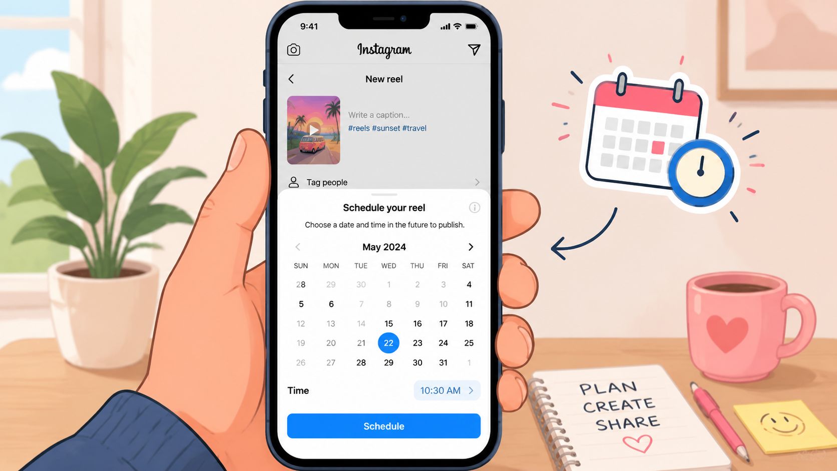 A hand holding a smartphone displaying the Instagram interface to schedule a new reel post.