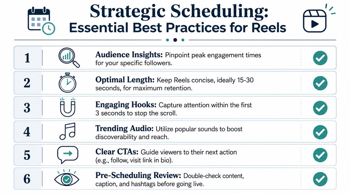 An infographic titled Strategic Scheduling outlining six essential best practices for creating successful Instagram Reels.