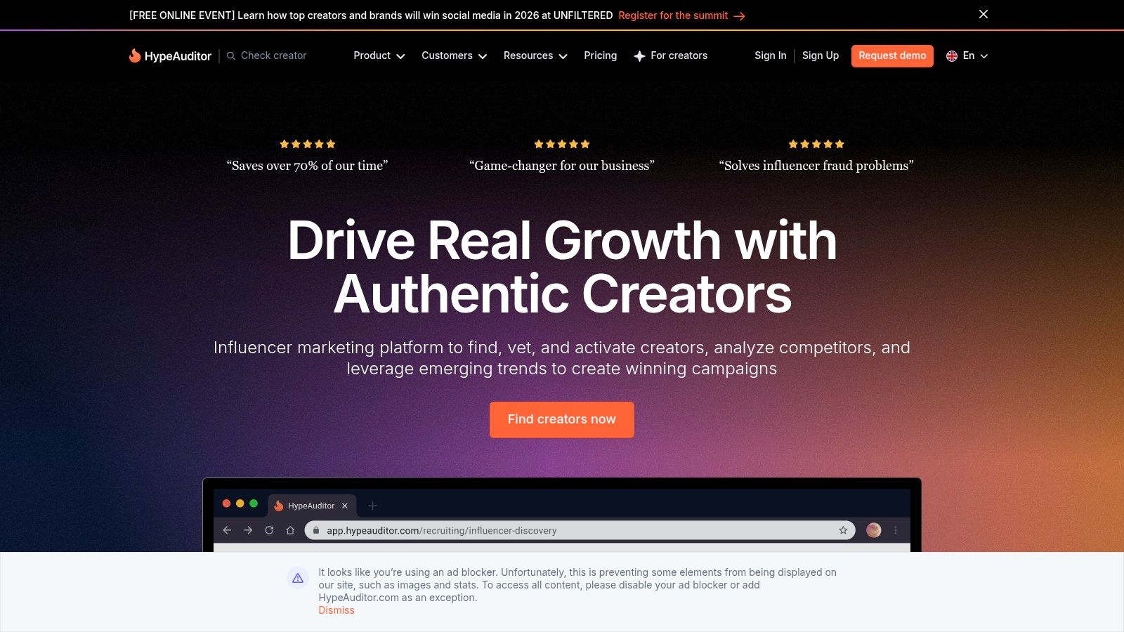 HypeAuditor homepage for Instagram influencer marketing tools