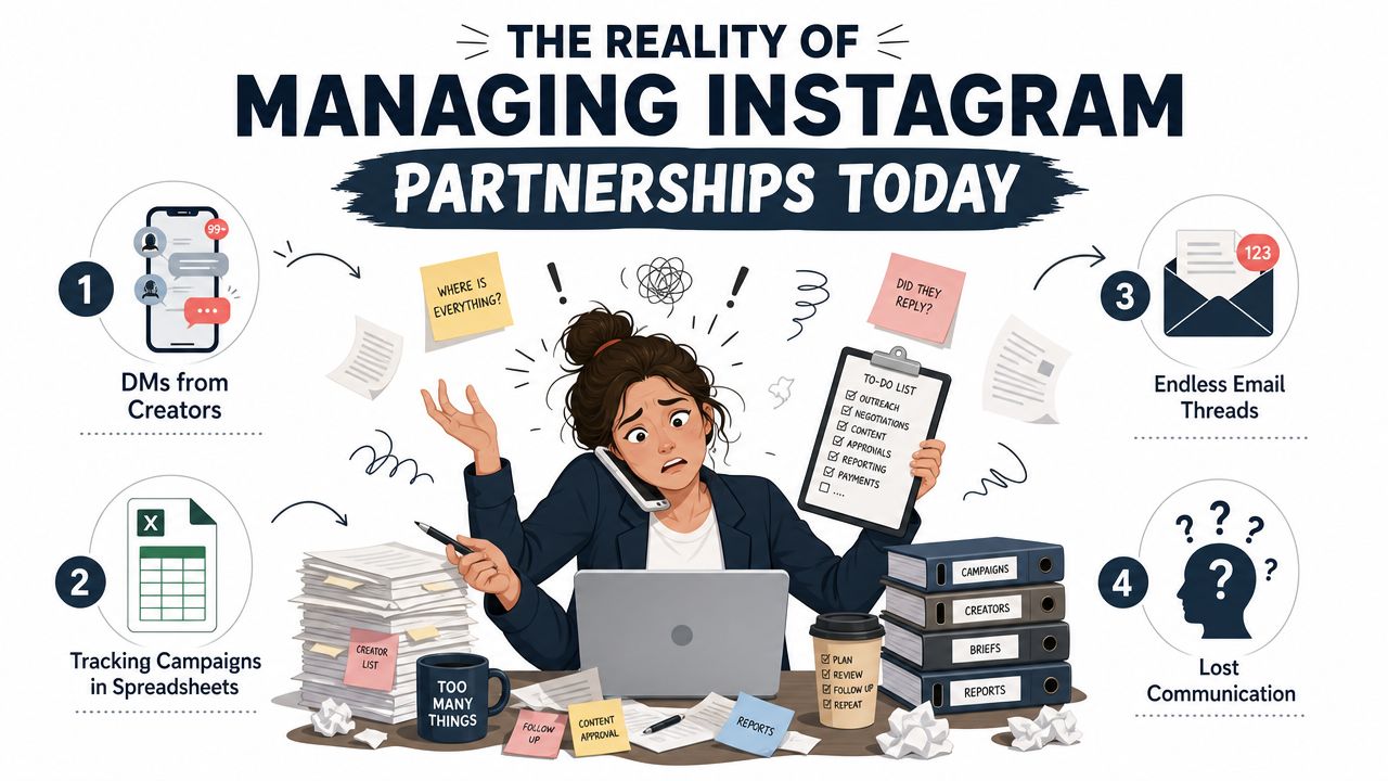 A stressed professional overwhelmed by managing multiple complex Instagram partnership tasks and chaotic manual workflows.