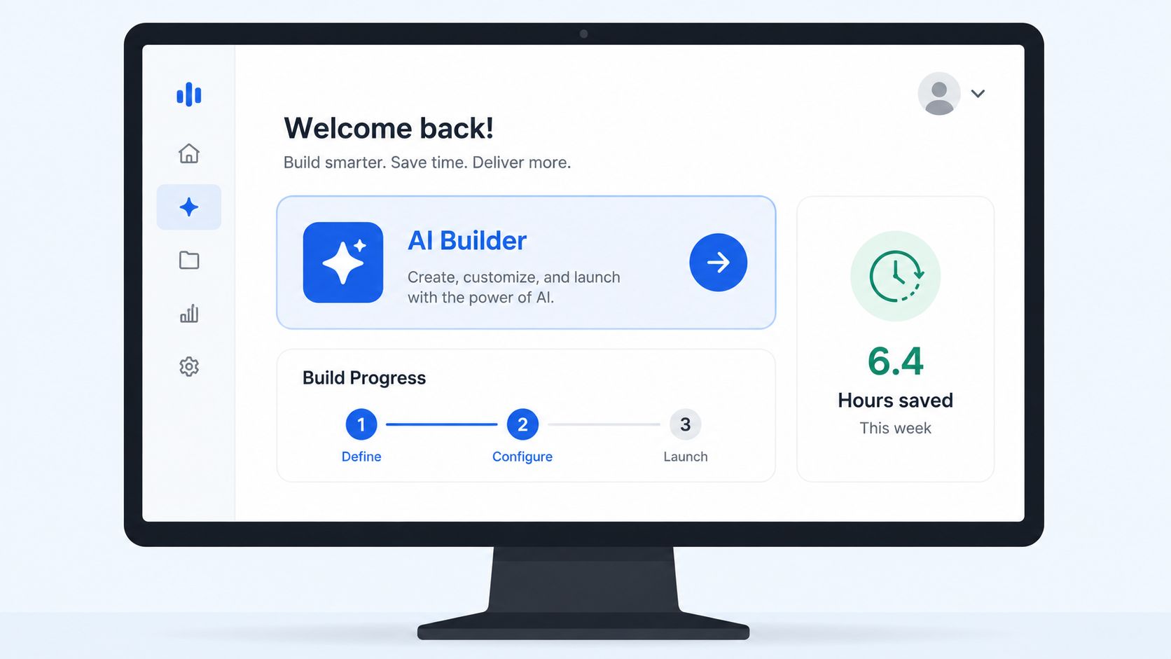 A digital dashboard showing AI Builder software interface with progress tracking and time savings statistics.