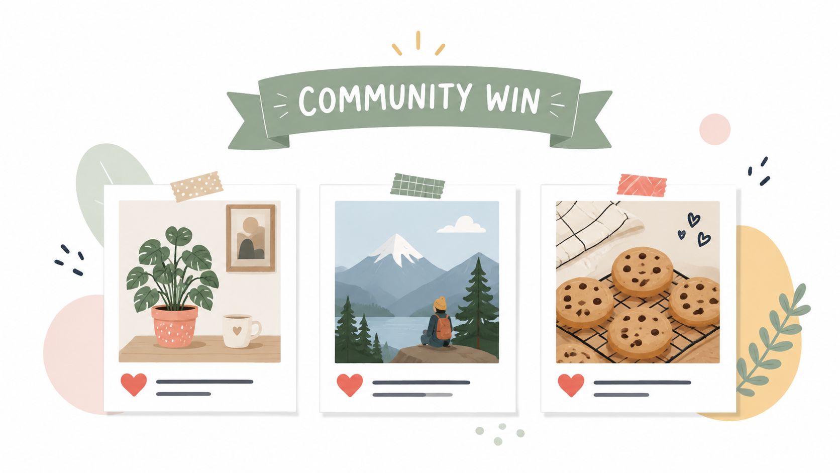 A digital illustration featuring a Community Win banner with three polaroid-style photos showing plants, mountains, and cookies.