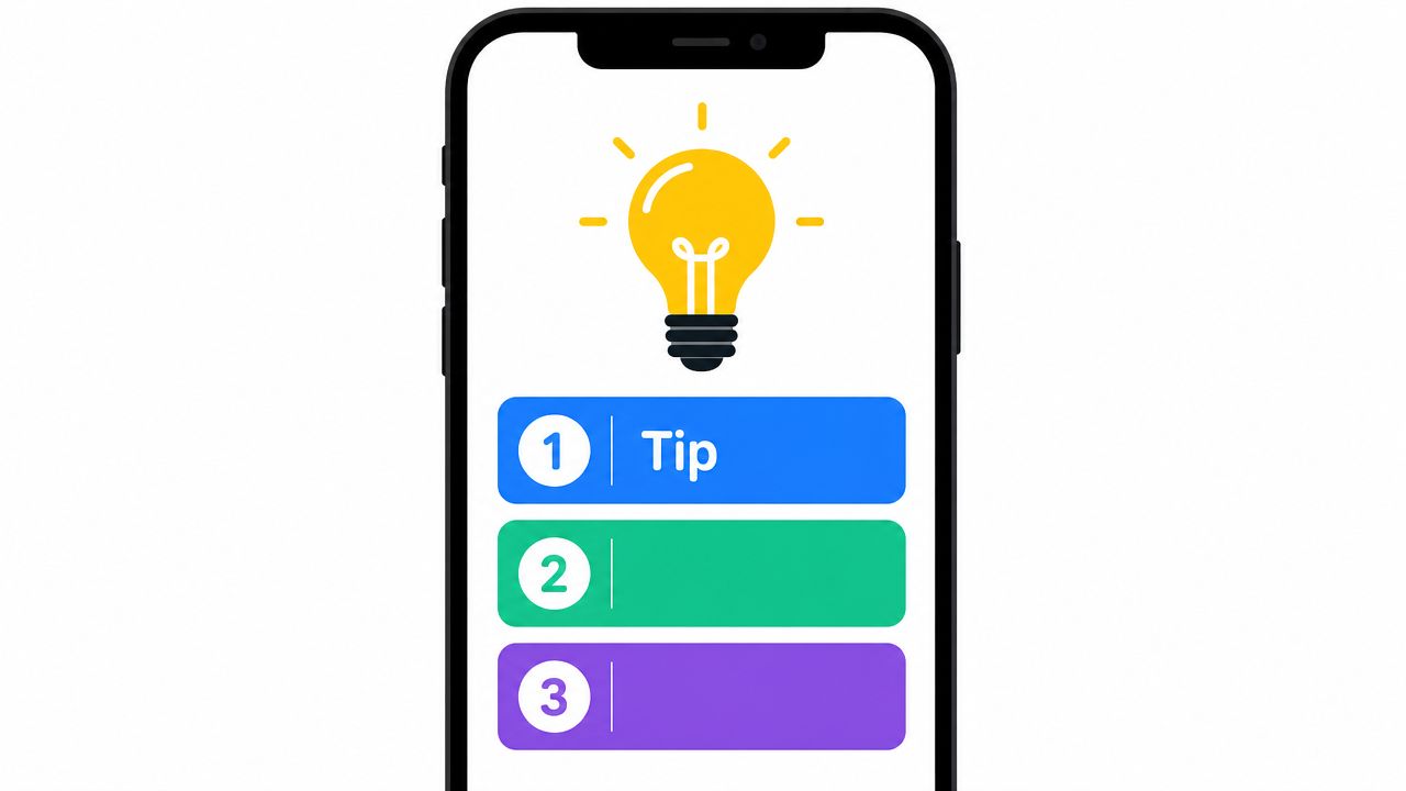 A digital graphic on a smartphone screen showing a yellow lightbulb icon and three numbered list items.