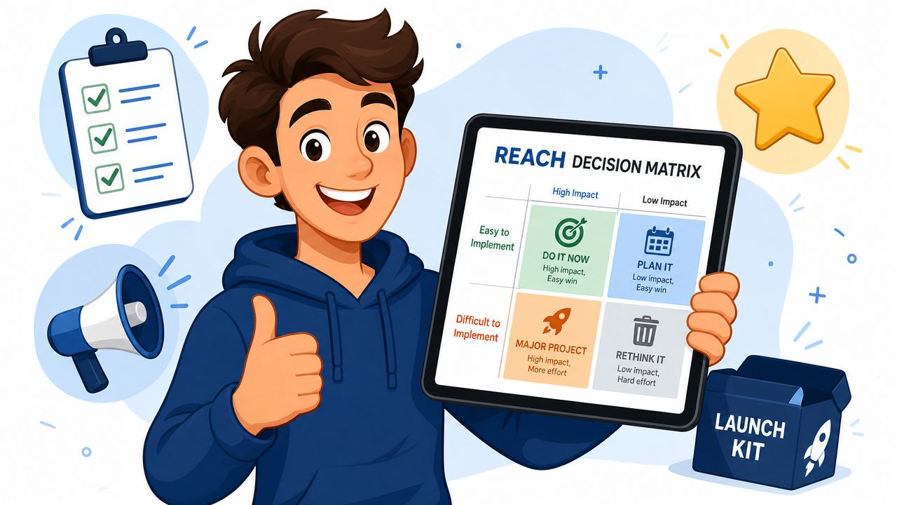 A cartoon man holding a tablet displaying a REACH decision matrix for prioritizing projects and tasks effectively.