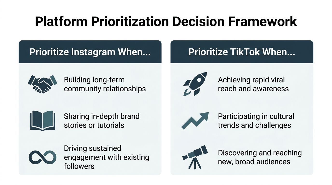 A decision framework chart comparing when to prioritize Instagram versus TikTok for social media marketing strategies.