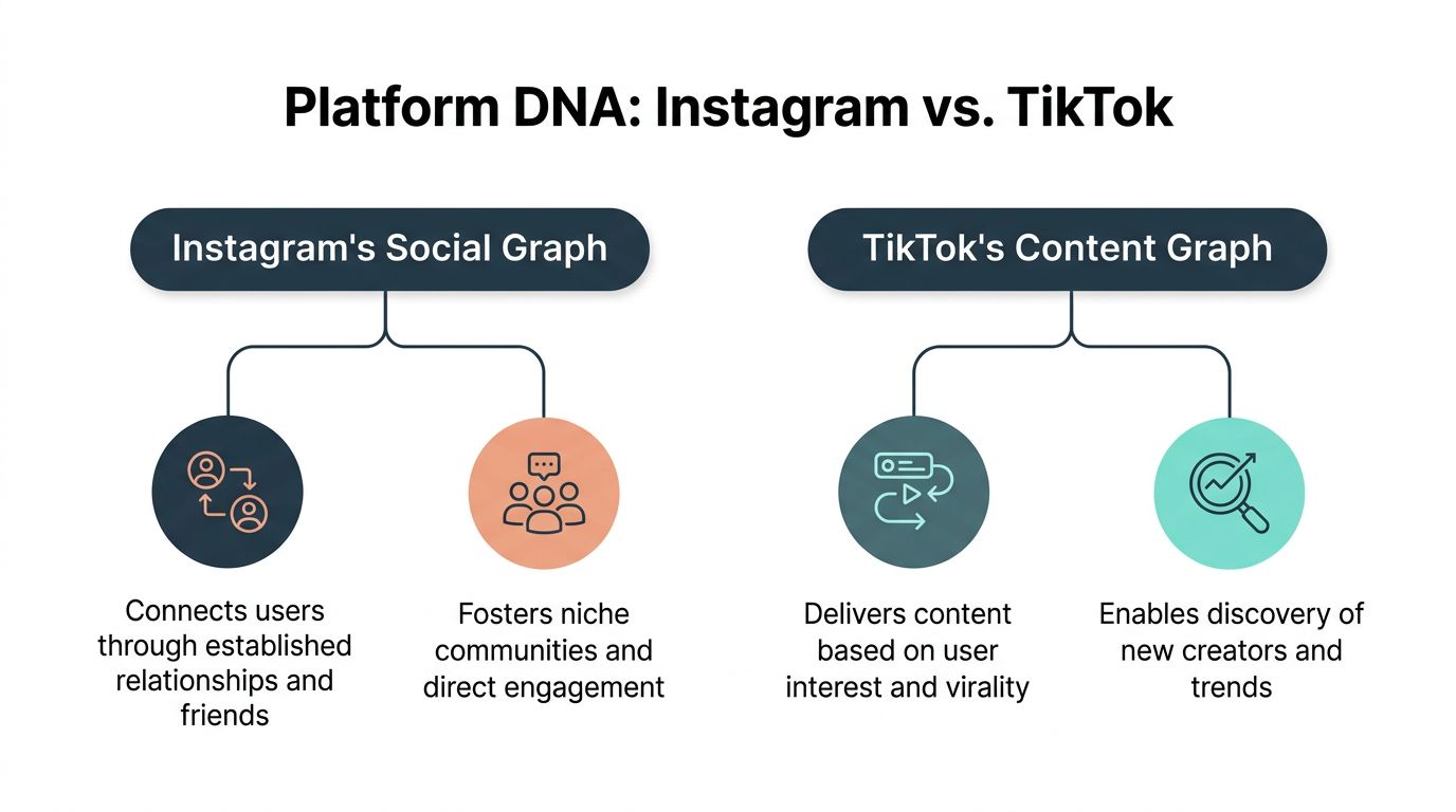 A comparison chart outlining Instagram's social graph focused on connections versus TikTok's content graph focused on interests.