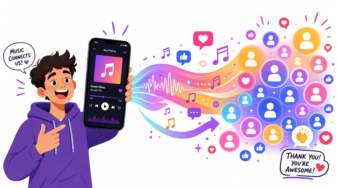 A happy young man holding a phone broadcasting music and social connection to many people icons