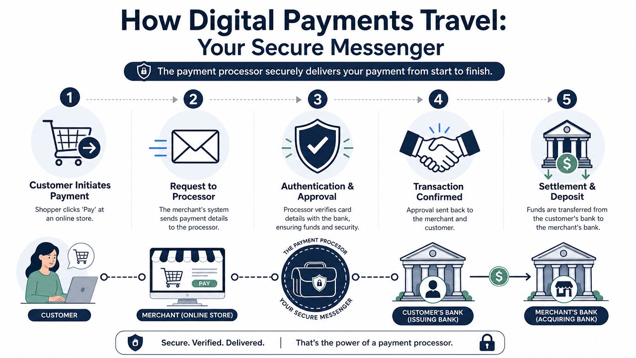 An infographic showing the five-step process of how digital payments are securely processed and settled.