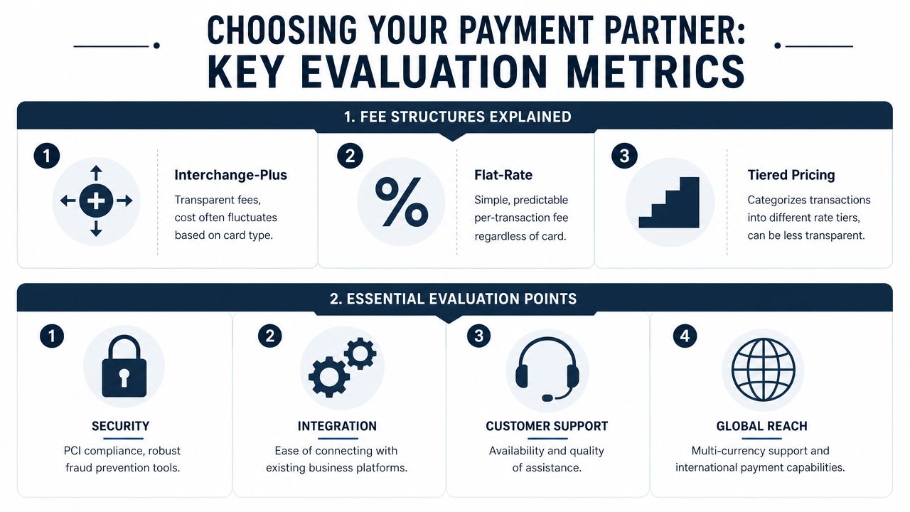 An infographic titled Choosing Your Payment Partner outlining fee structures and essential evaluation points for businesses.