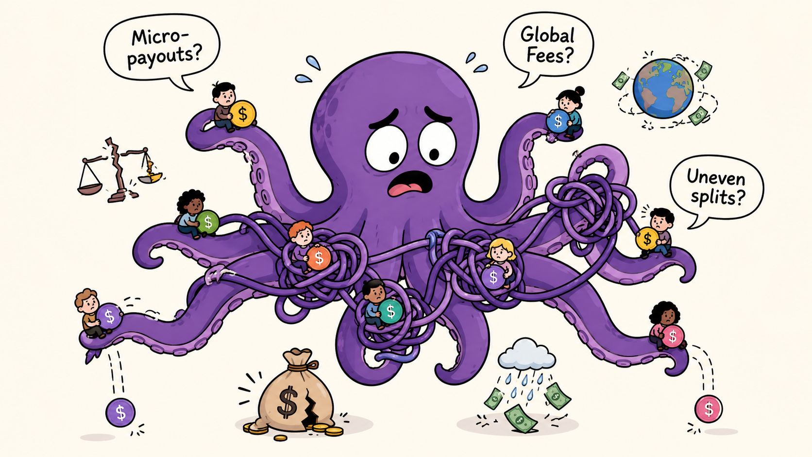 A worried purple octopus entangled in tentacles while people struggle with complex financial payment processing problems.
