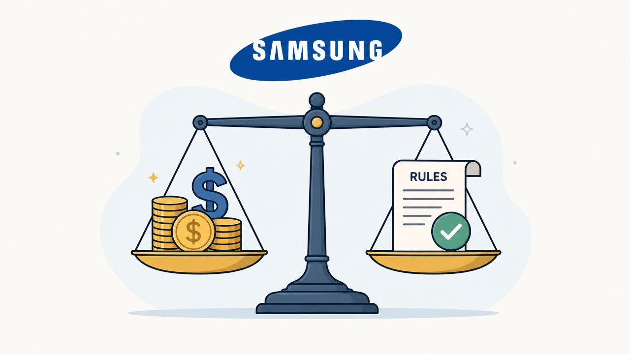 A balance scale weighing a stack of golden coins against a document labeled with the word rules.
