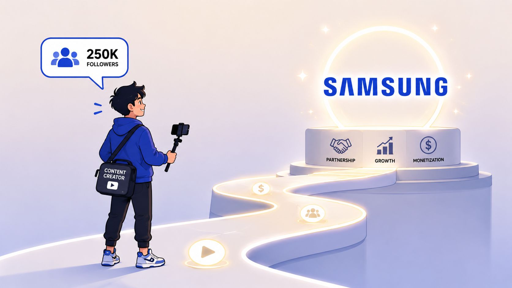 A content creator with 250k followers walking towards a glowing Samsung logo representing partnership and growth.