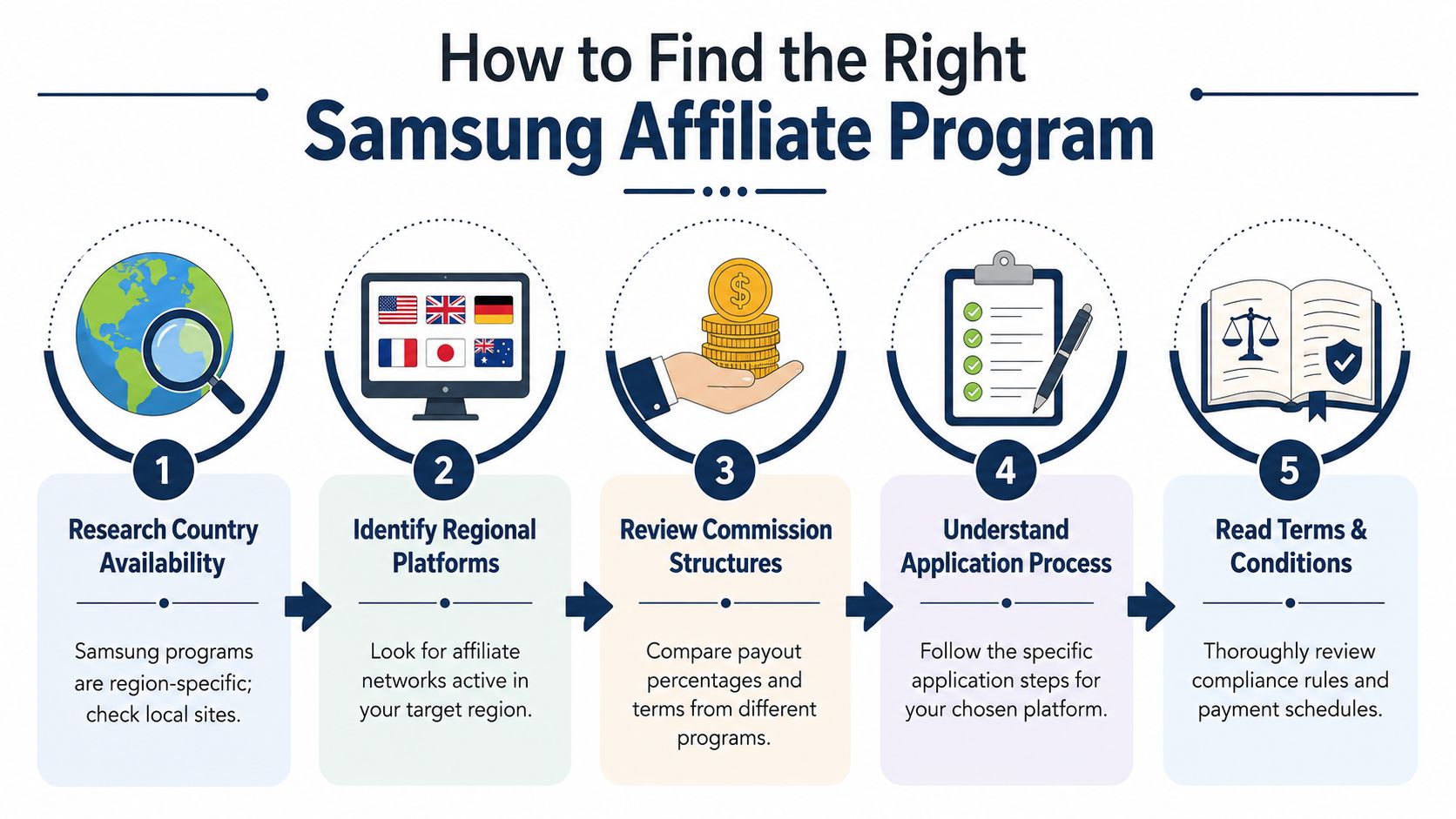 A five-step infographic showing how to find the right Samsung affiliate program for your region.