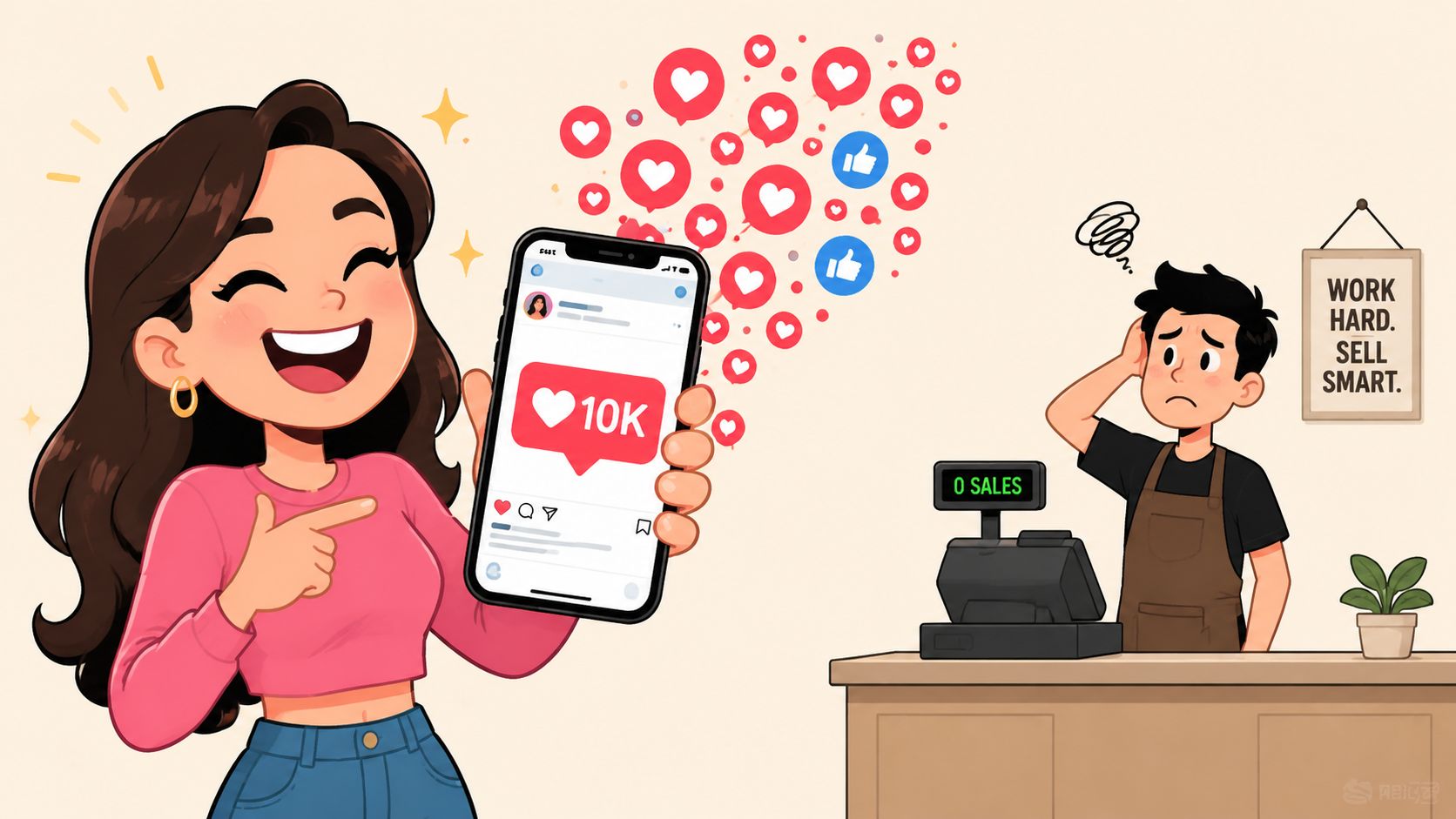 A joyful influencer holding a phone showing many likes while a frustrated shopkeeper sees zero sales.