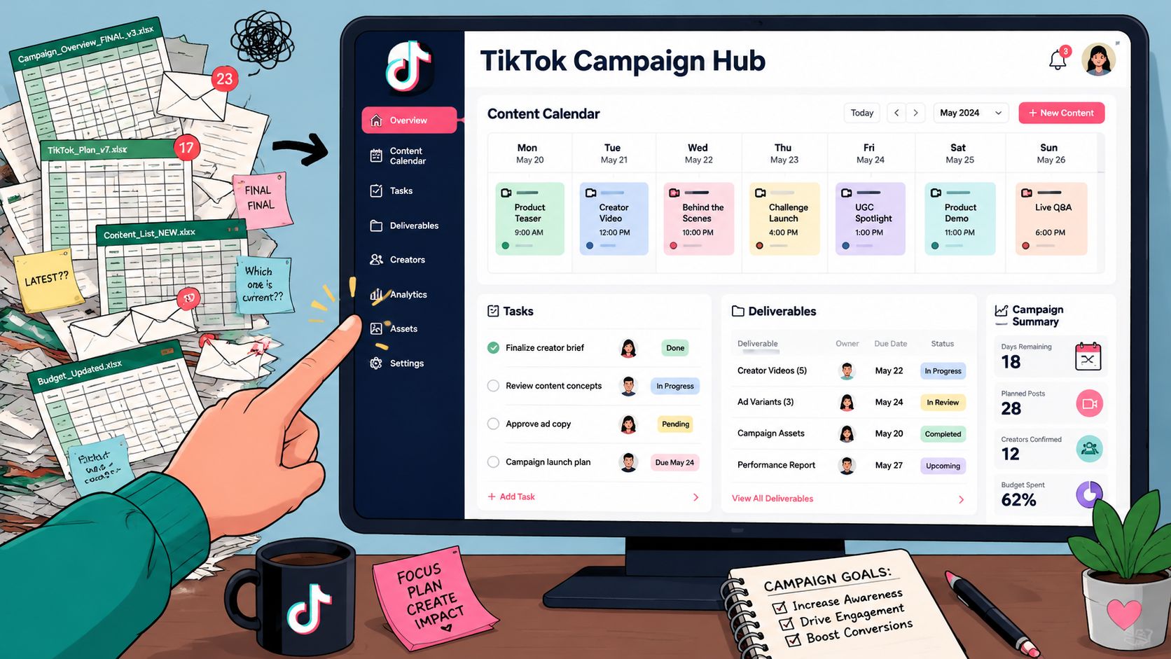 A digital dashboard for TikTok campaign management, contrasting organized software with messy physical paperwork and files.