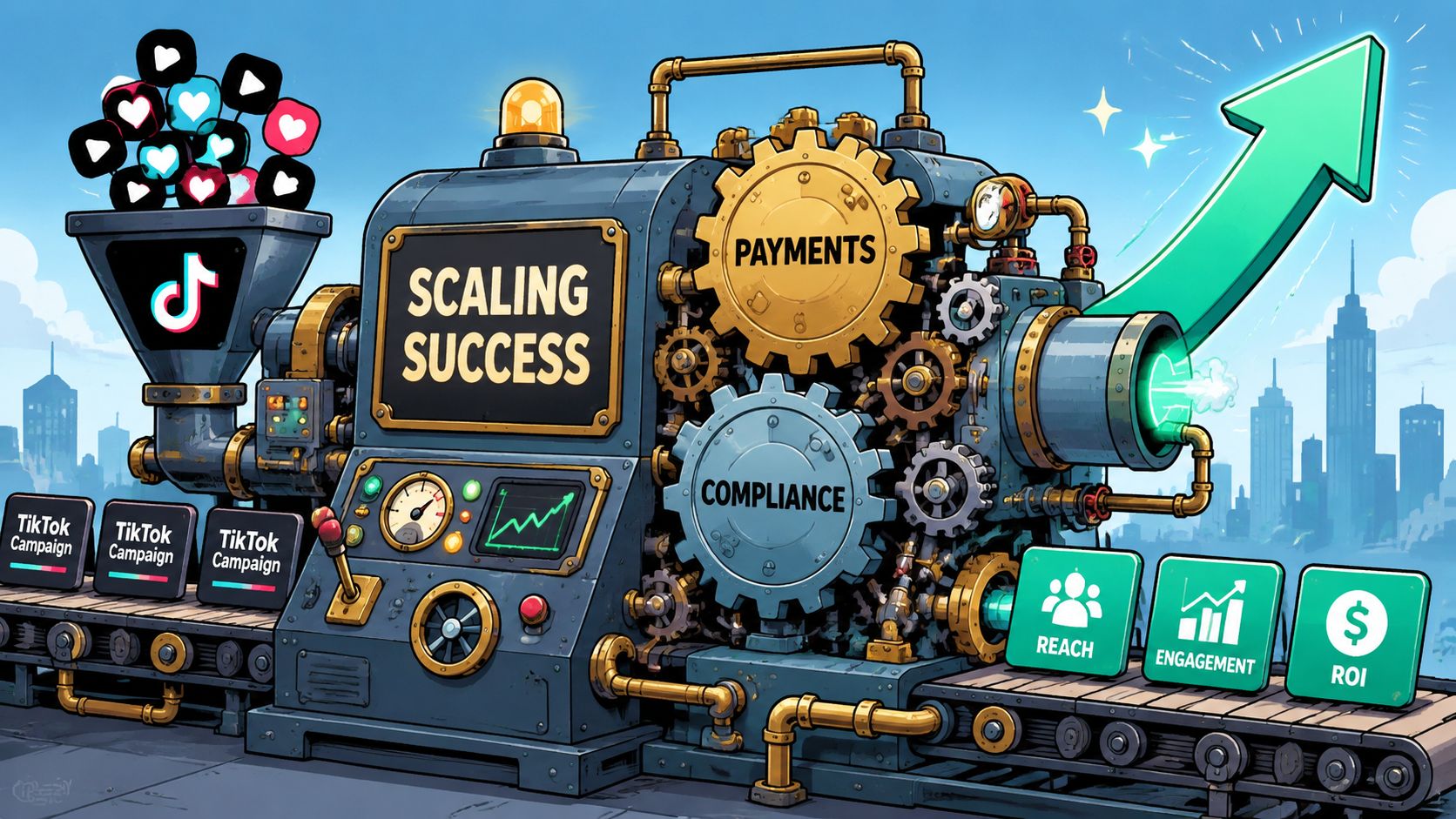 A machine processing TikTok campaigns for business growth, highlighting payments, compliance, reach, engagement, and ROI metrics.