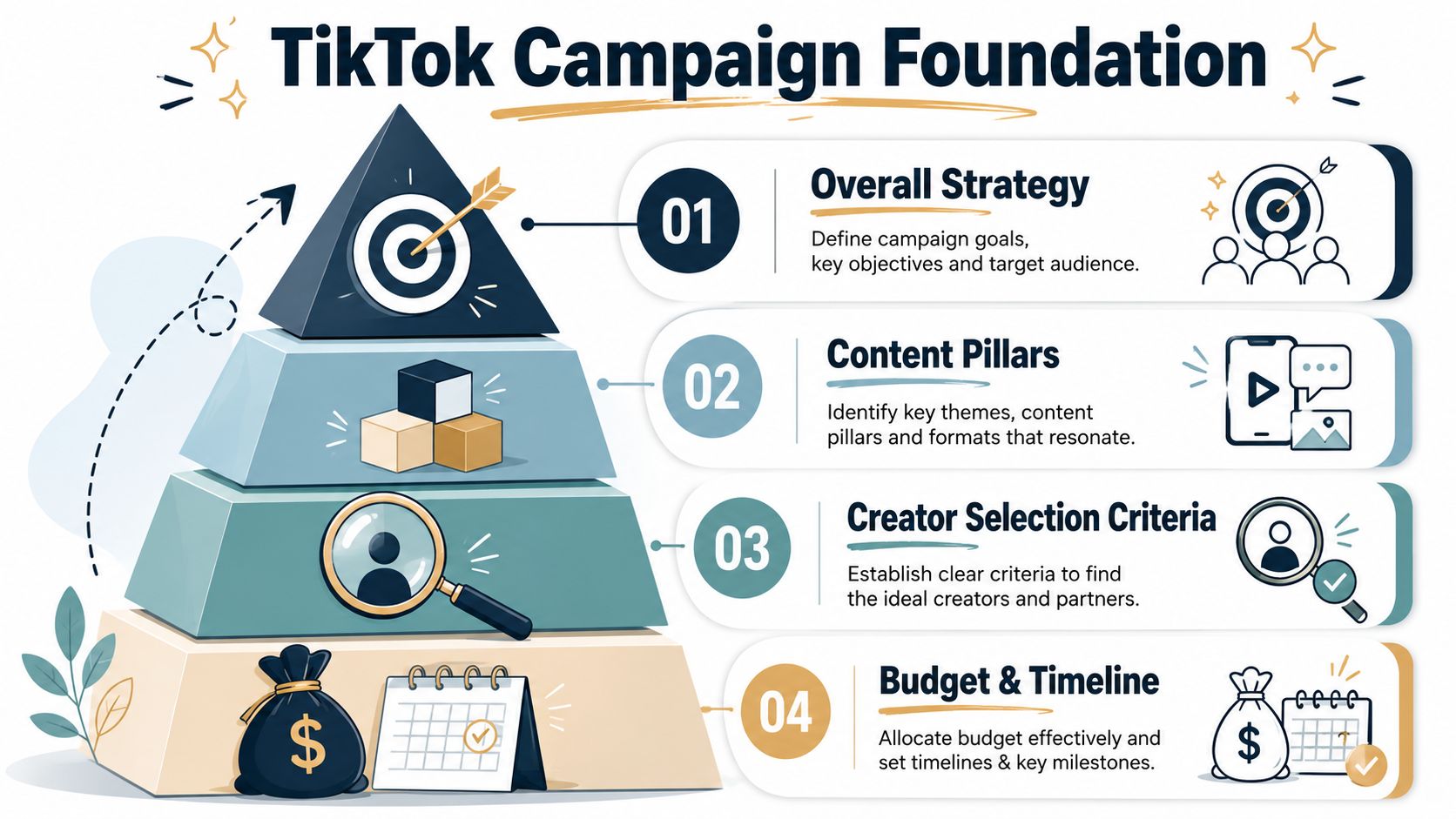 A four-step pyramid infographic outlining the key foundations for building a successful TikTok marketing campaign.
