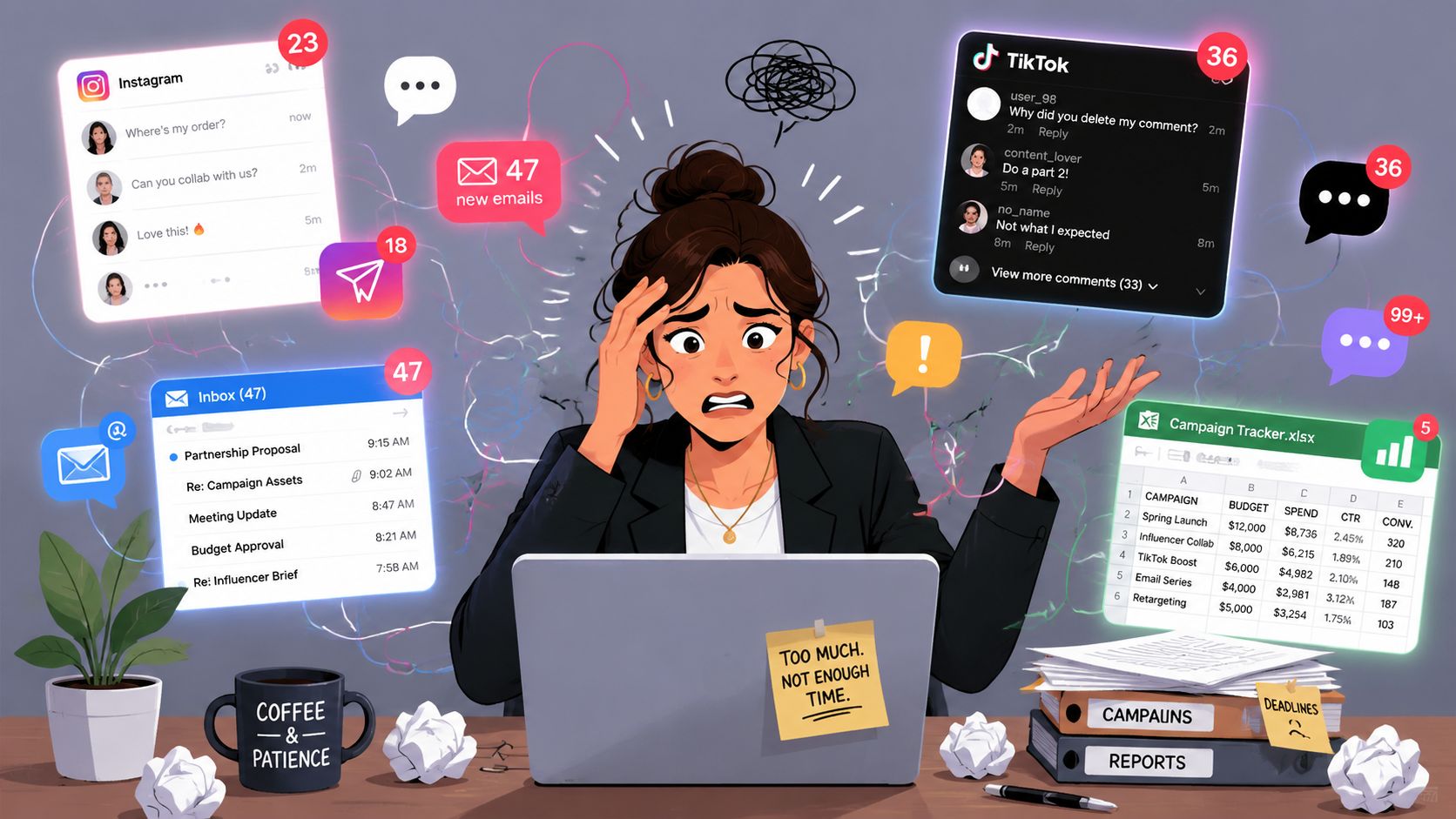 Stressed business woman overwhelmed by digital notifications and data on her computer screen at her desk.