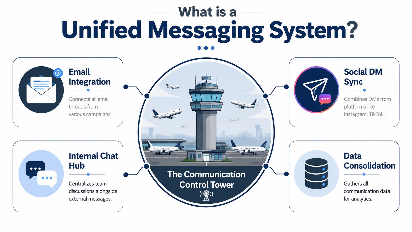 An infographic titled What is a Unified Messaging System showcasing centralized communication hubs and integrated data.