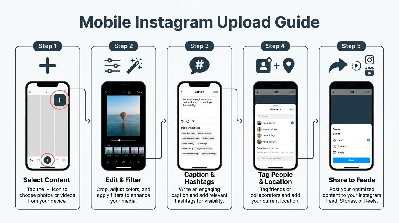 A step-by-step instructional infographic showing how to upload and share content on the Instagram mobile application.