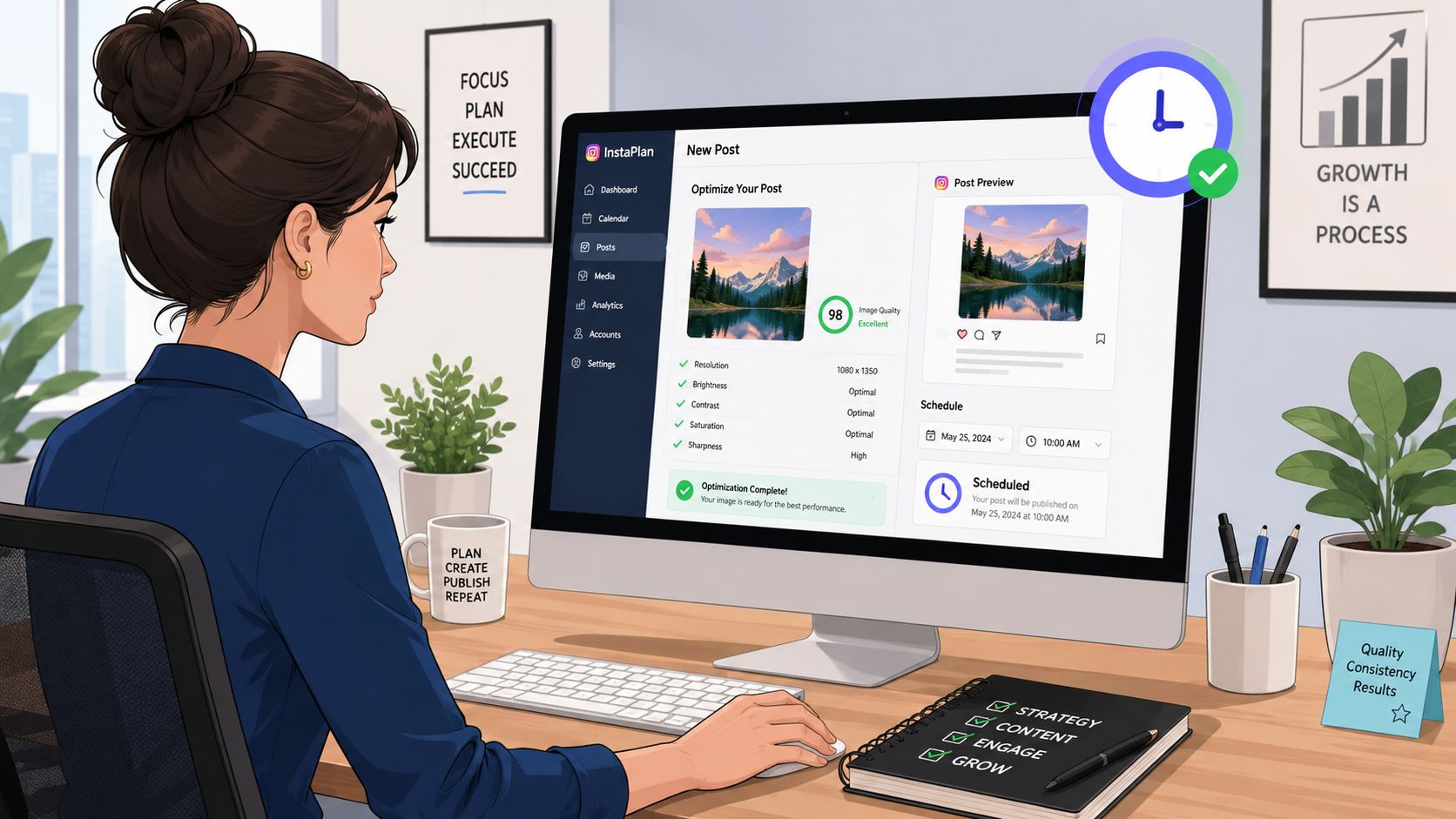 A woman using social media scheduling software on her computer to plan and optimize Instagram posts.