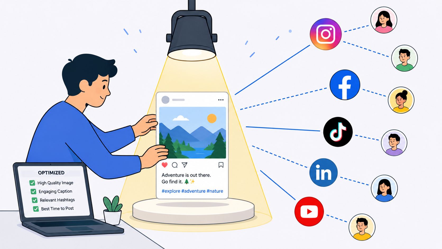 A creator optimizes a post with images and hashtags before sharing it across various social media platforms.