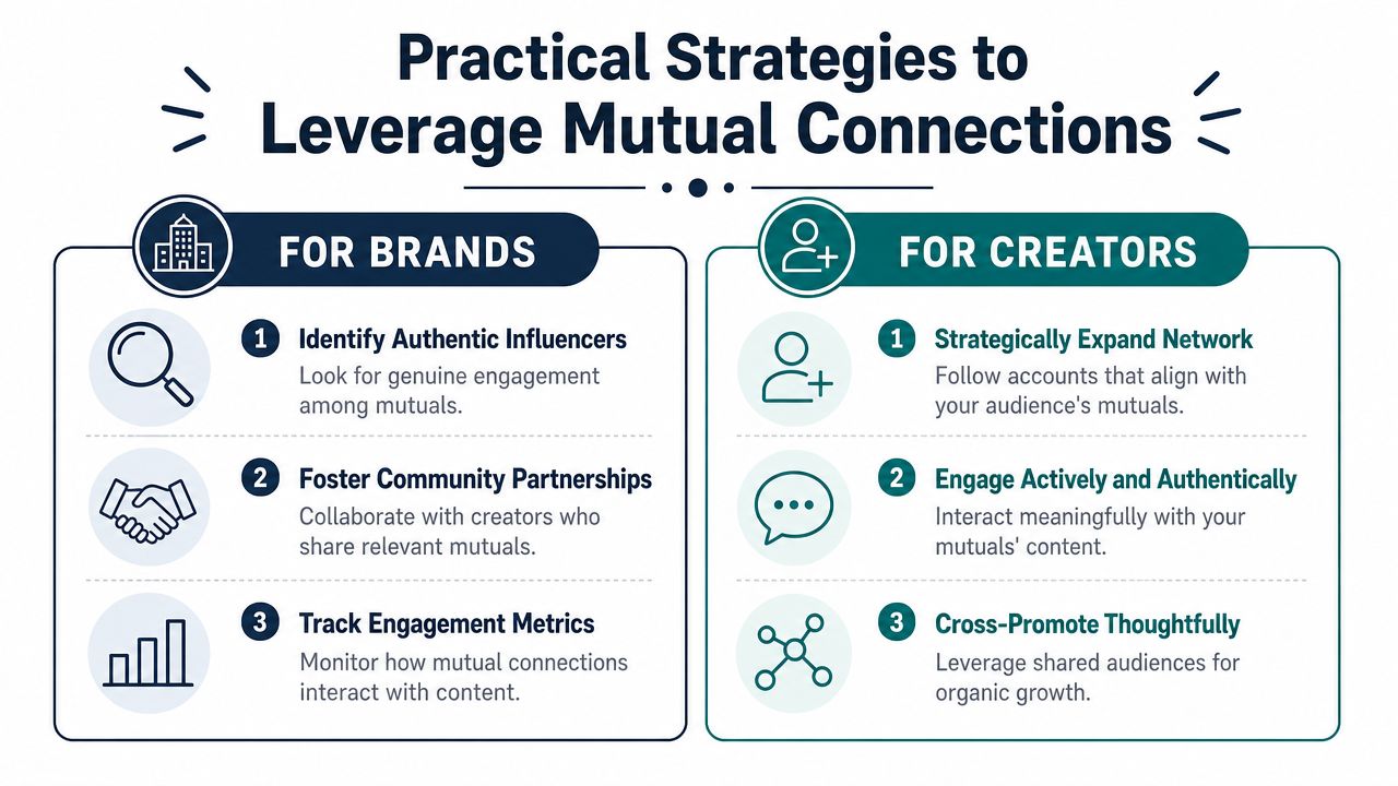 An infographic detailing strategies for brands and creators to effectively leverage mutual connections for social media growth.