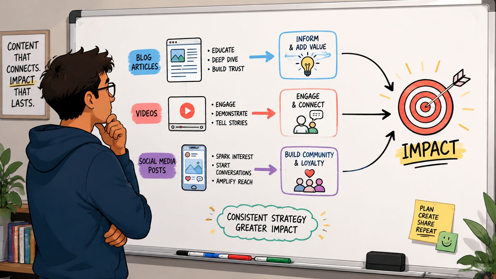 A person looking at a whiteboard diagram illustrating a content marketing strategy for achieving lasting business impact.