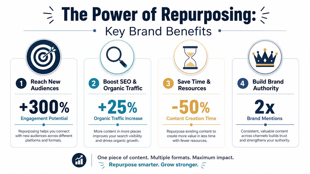 An infographic illustrating four key brand benefits of content repurposing including reach, traffic, efficiency, and authority.
