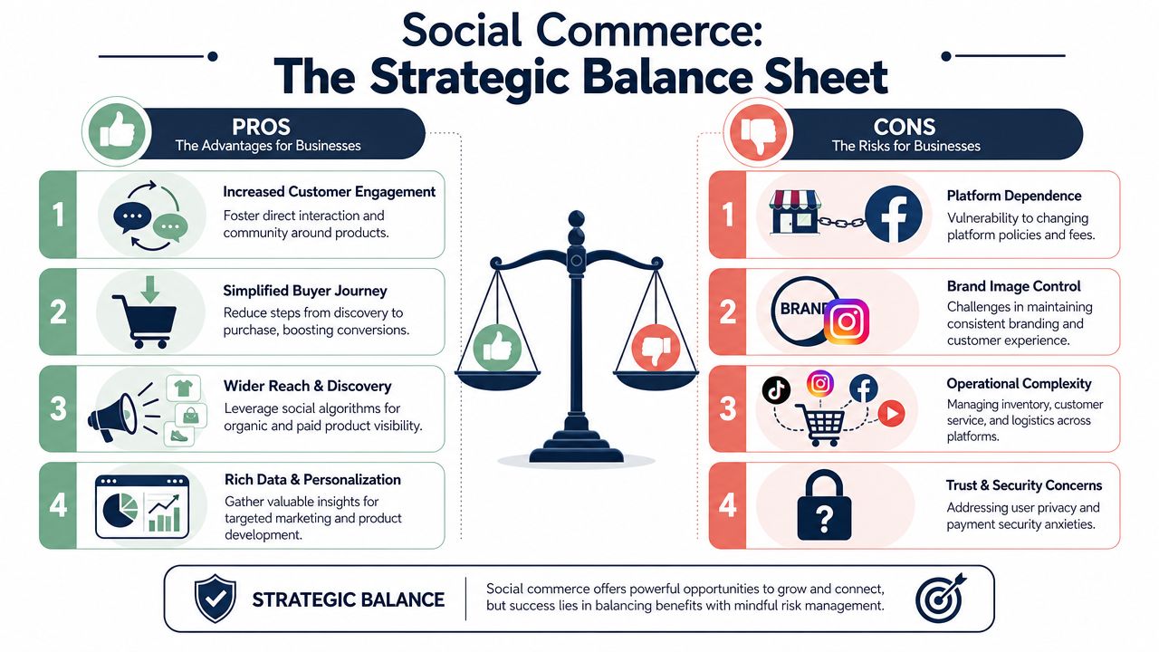 A strategic balance sheet infographic outlining the pros and cons of implementing social commerce for businesses.