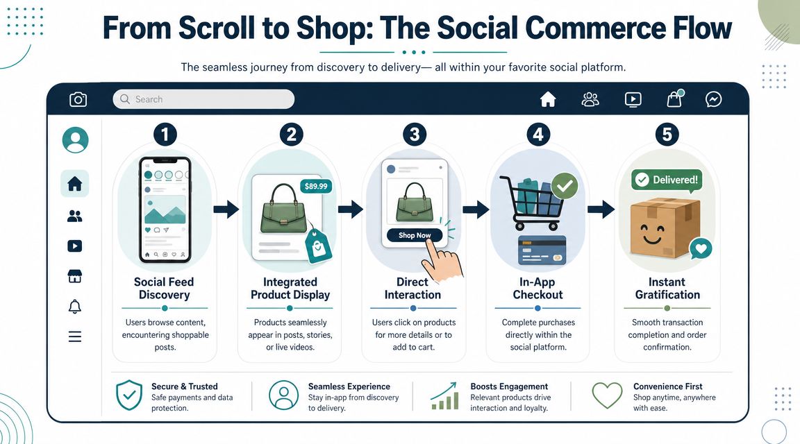 An infographic showing the five steps of the social commerce flow from product discovery to delivery.