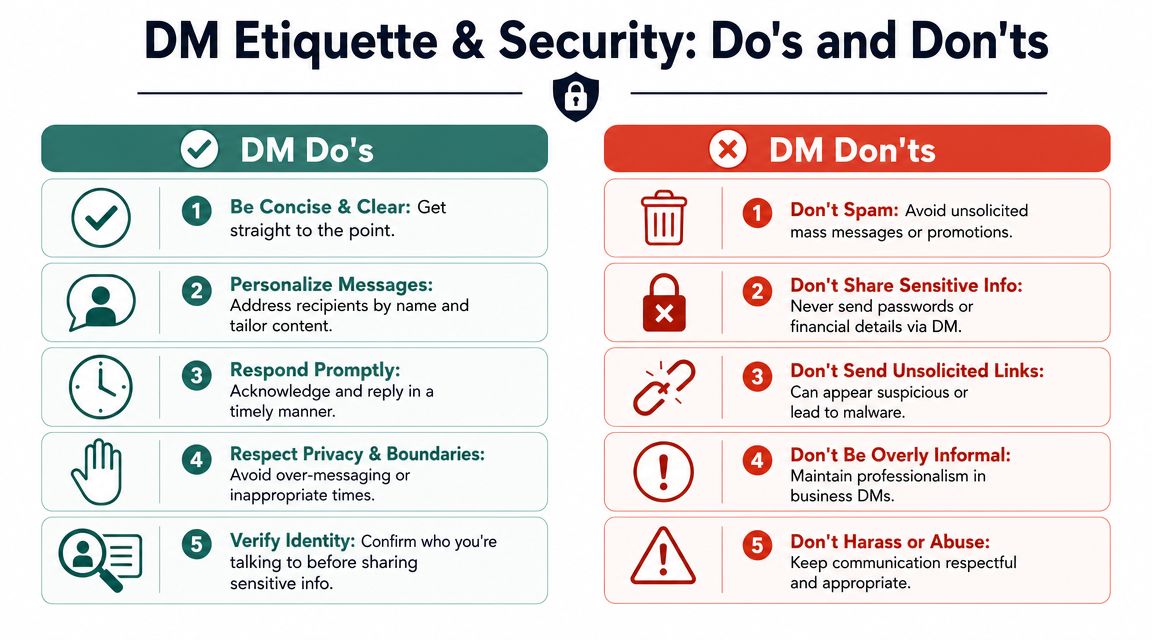 A professional infographic titled DM Etiquette and Security listing five recommended best practices and five prohibited actions.